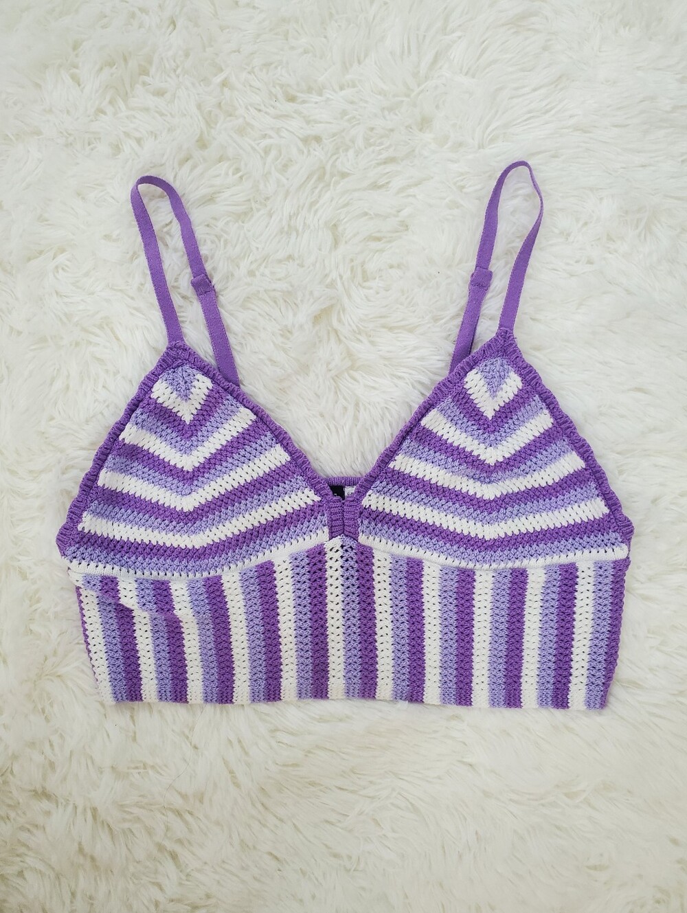 Divided By H&M Size L Purple White Striped Crochet Knit Sleeveless Crop Top